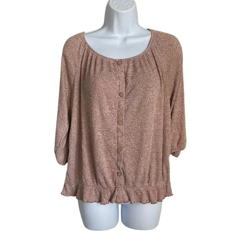 W5 Medium Metallic Rose Knit Blouse with Ruffle Hem and Button Front